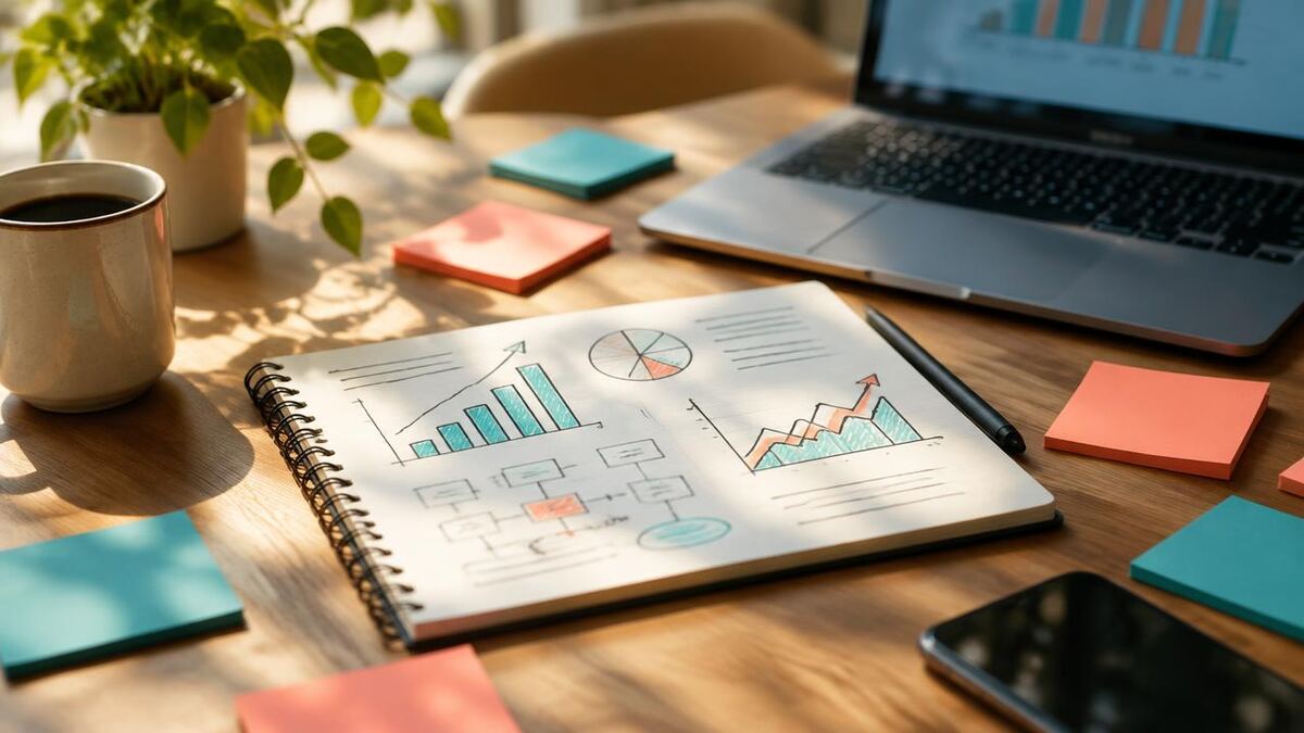 Marketing strategy notebook with growth charts beside a laptop
